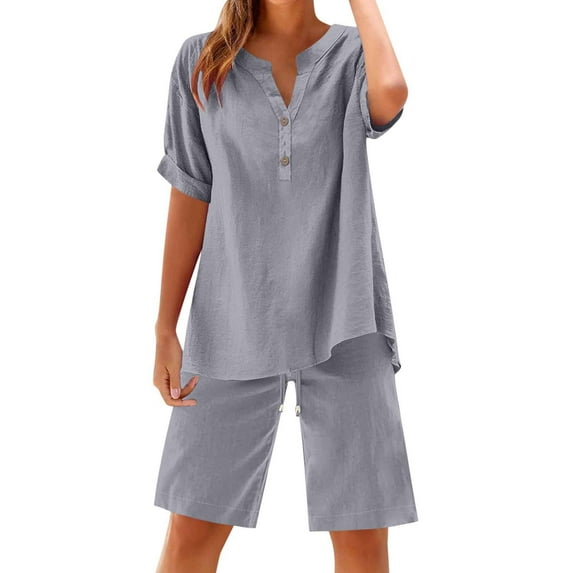 Bxsruta Women's Two Piece Lounge Set Summer Casual Oversized Shirts Biker Shorts Matching Airport Travel Outfit Loose Cotton Linen Short Sleeve Tops and Shorts Outwear Sets