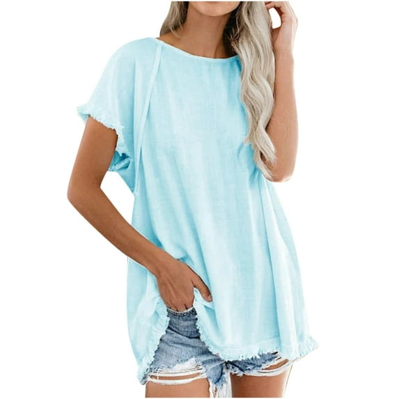 Summer Savings Clearance 2022! Tagold Womens Plus Size Sexy Casual Summer Tops Blouse,Fashion Women's Solid Plain Tassel Casual Top Tops Round Neck Short Sleeve Blouse Light Blue S