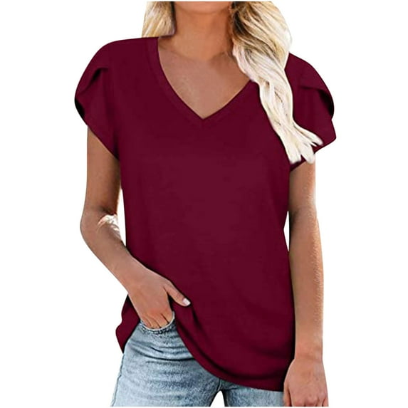 Summer Savings Clearance 2022! Tagold Womens Summer Plus Size Tops Clearance, Fashion Women Casual Petal Sleeve Short Sleeve V-Neck Solid Tops Blouse Wine XL