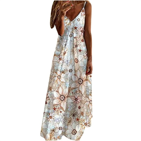 2025 Women's Casual Summer Floral Long Maxi Dresses Floor Length Sleeveless Sundresses V Neck Spaghetti Strap Loose Fit Beach Dress