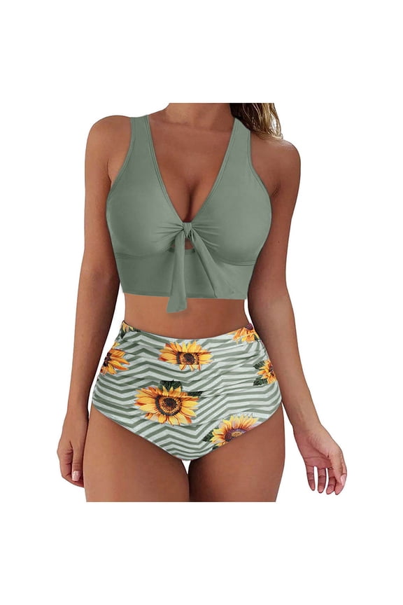 Plus Size Swimsuit for Women, Tummy Control Swimsuits, High Waisted Bathing Suits for Women, Two Piece Swimsuit No Steel Support Beachwear, Green, M