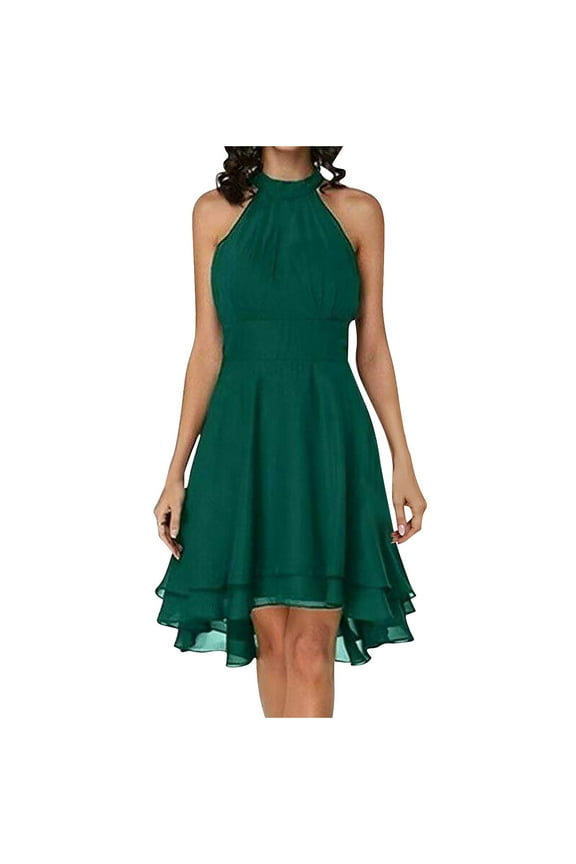Chiffon Dresses for Women Plus Size Casual Solid Color Sleeveless Mock Neck Halter Midi Dress