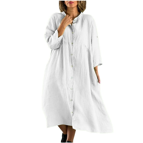 Cotton Linen Dresses for Women Plus Size Solid Color Button Down V Neck Short Sleeve Shirts Midi Dress