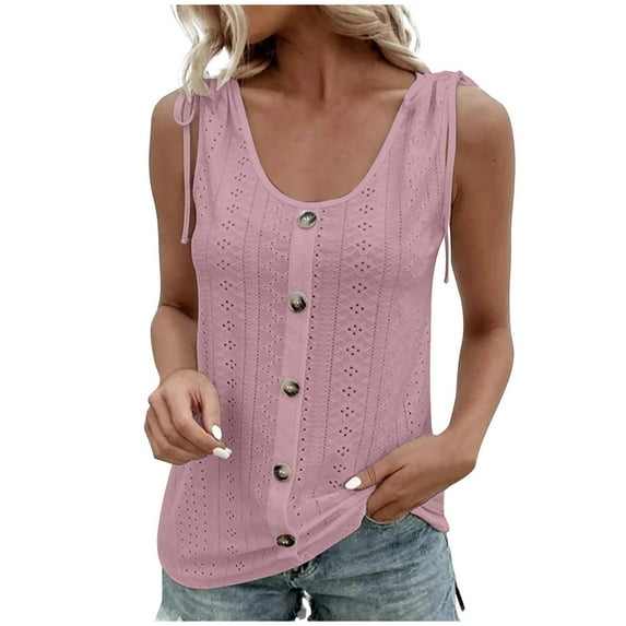 Summer Savings Clearance 2023! Eyelet Tank Tops for Women Summer Casual Hollow Solid Color Crew Neck Sleeveless Dressy Blouses with Strappy