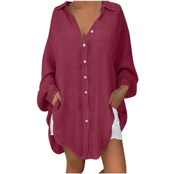 Summer Savings Clearance 2023! Loopsun Long Sleeve Shirts for Women Womens Shirts, Tunic Tops For Women Loose Casual Lapel Neck T-shirt Ladies Long Sleeve Buckle Blouse Tops Wine M