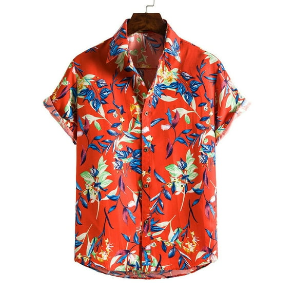 Summer Savings Clearance 2023! Loopsun Mens Shirts, Casual Lapel Short Sleeve Printing Hawaiian Beach Button Shirt Red C