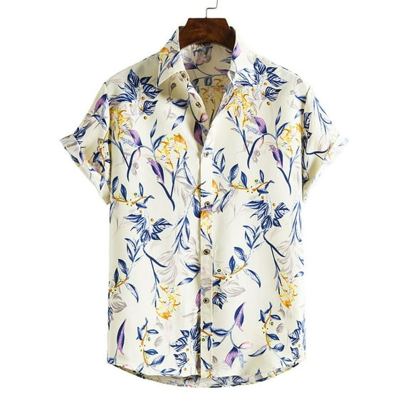 Summer Savings Clearance 2023! Loopsun Mens Shirts, Casual Lapel Short Sleeve Printing Hawaiian Beach Button Shirt Yellow C