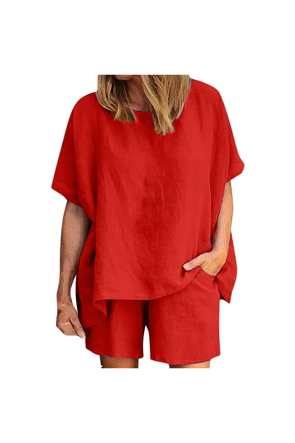 Women's Sets 2 Piece Outfit Plus Size Breathable Casual Round Neck Short Sleeve Tops And Shorts Two Pieces Set Suit Red XXL