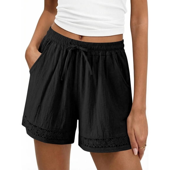 POROPL Womens Shorts,Linen Elastic Waist Drawstring Lace Trim Shorts with Pockets,Black Size 8