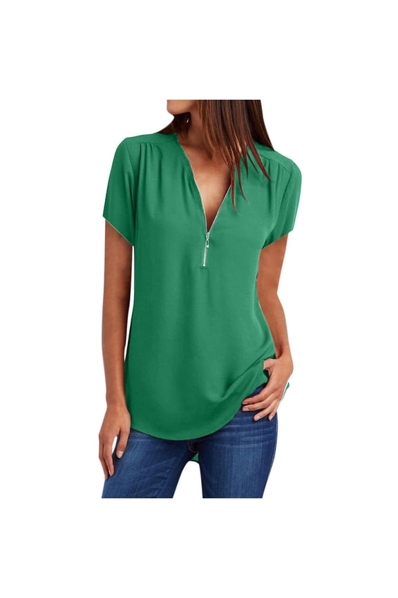Women's Short Sleeve Zip Flowy Tunic Tops Business Casual Work Office Blouses Shirts Womens Summer Casual Zipper T Shirts Blouses Loose Fit Tops Tees