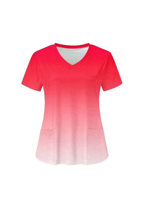 Scrubs Tops for Women Casual Ombre Tie Dye V Neck Short Sleeve Working Uniforms with Pockets T Shirts Nurses Week Gifts Bulk