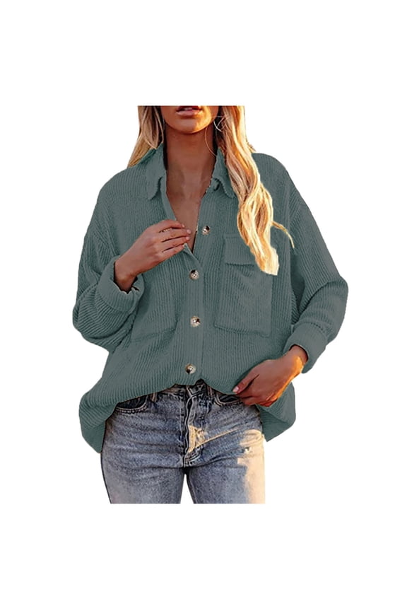 Shacket Jacket for Women Casual Vintage Plain Color Long Sleeve Shirts Plus Size Corduroy Lapel Coats with Pockets