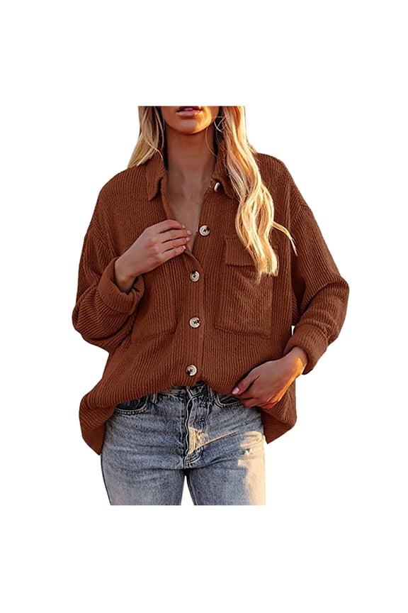 Shacket Jacket for Women Casual Vintage Plain Color Long Sleeve Shirts Plus Size Corduroy Lapel Coats with Pockets