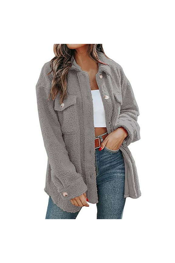 Sherpa Jacket for Women Casual Vintage Plain Color Lapel Fluffy Fur Coats Button Down Long Sleeve Outerwear with Pockets