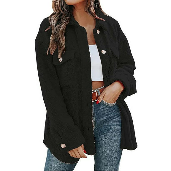 Sherpa Jacket for Women Casual Vintage Plain Color Lapel Fluffy Fur Coats Button Down Long Sleeve Outerwear with Pockets