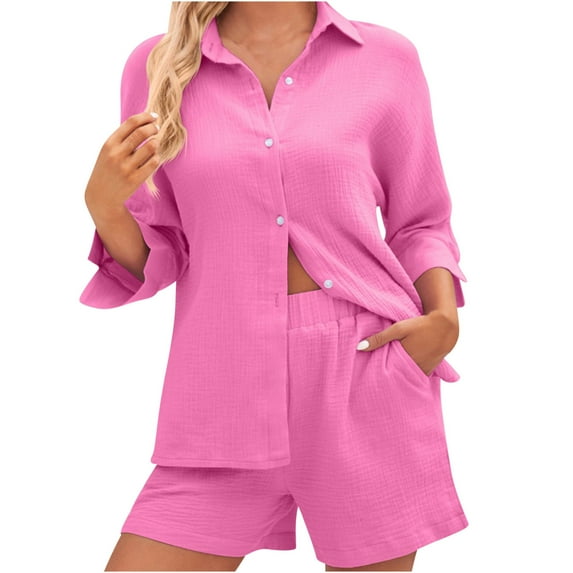 Summer Savings Clearance 2023! Summer Outfits for Women 2 Piece Casual Solid Color Lapel Button Down Short Sleeve T Shirts and High Waist with Pockets Cropped Shorts