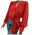 thumbnail image 1 of Summer Tops for Women 2023 Casual Vintage Plain Color Long Sleeve Shirts Criss Cross V Neck Dressy Blouse with Strappy, 1 of 7