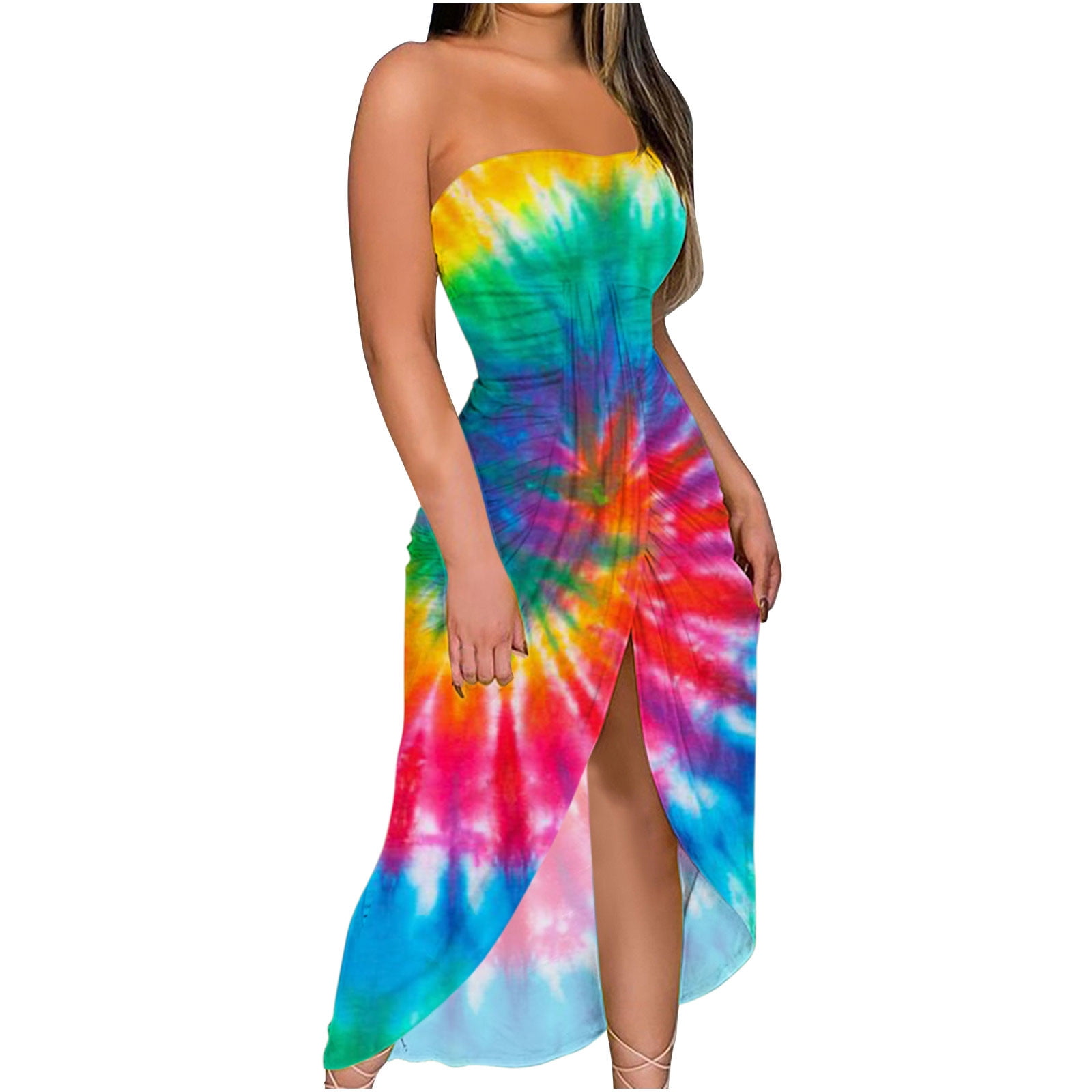 Summer Savings Clearance 2023! TAGOLD Summer Strapless Dresses for Womens,Women's  Summer Print Strapless Long Dress Beach Split Dress Party Club Dress  Multicolor M 