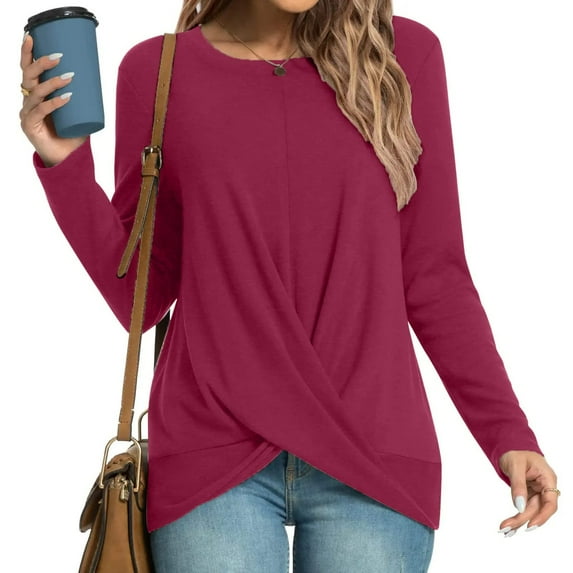 Summer Savings Clearance 2023! TAGOLD Summer Tops for Womens,Women's Fall Winter Casual T-Shirts Long Sleeve Tunic Tops Front Crewneck Blouse Pullover Hot Pink L