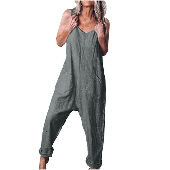 Summer Savings Clearance 2023! TAGOLD Womens Summer Pants,Women's Casual Loose Baggy Pocket Jumpsuit Fashion Playsuit Trousers Overalls Cotton And Linen Jumpsuit