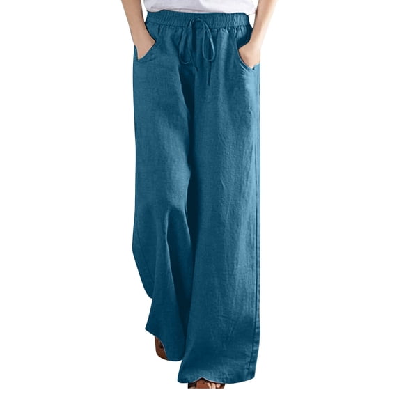 TAGOLD Womens Summer Pants,Women's Spring And Autumn Solid Color Elastic Waist Cotton Linen Versatile Straight Tube Casual Wide Leg Pants