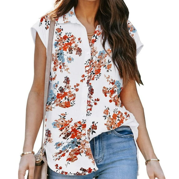 Summer Savings Clearance 2023! TAGOLD Womens Summer Tops,Women's Summer Casual Short Sleeve Blouse Button Floral Print Turndown Collar T-Shirt Tops