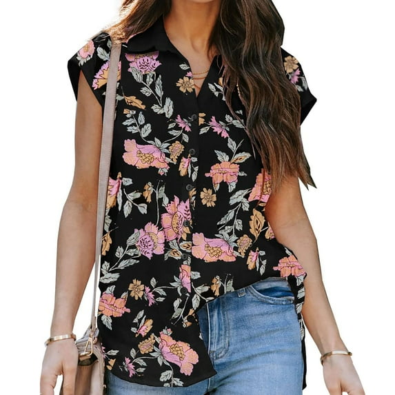 Summer Savings Clearance 2023! TAGOLD Womens Summer Tops,Women's Summer Casual Short Sleeve Blouse Button Floral Print Turndown Collar T-Shirt Tops