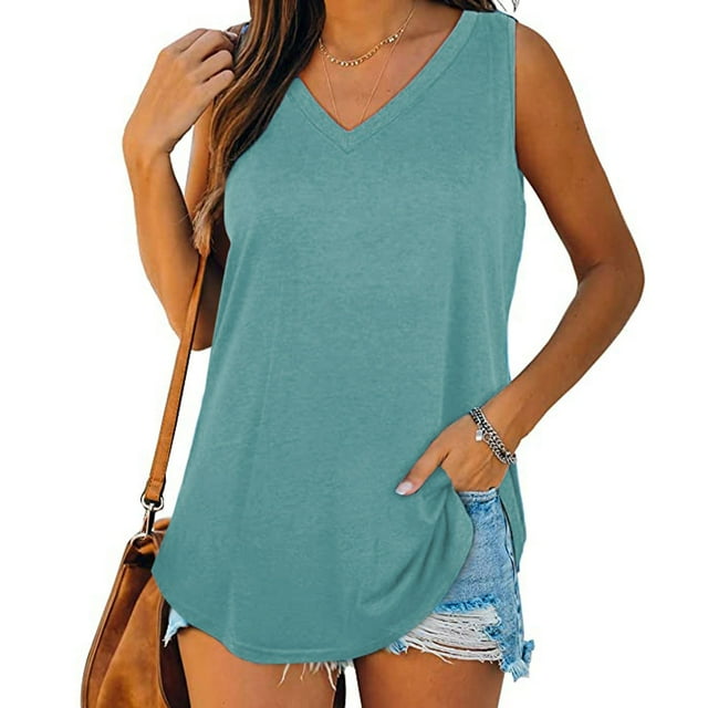 Summer Savings Clearance 2024! TAGOLD Womens Summer Tops,Womens Tank Tops V-Neck Basic Casual Flowy Summer Sleeveless T-Shirt