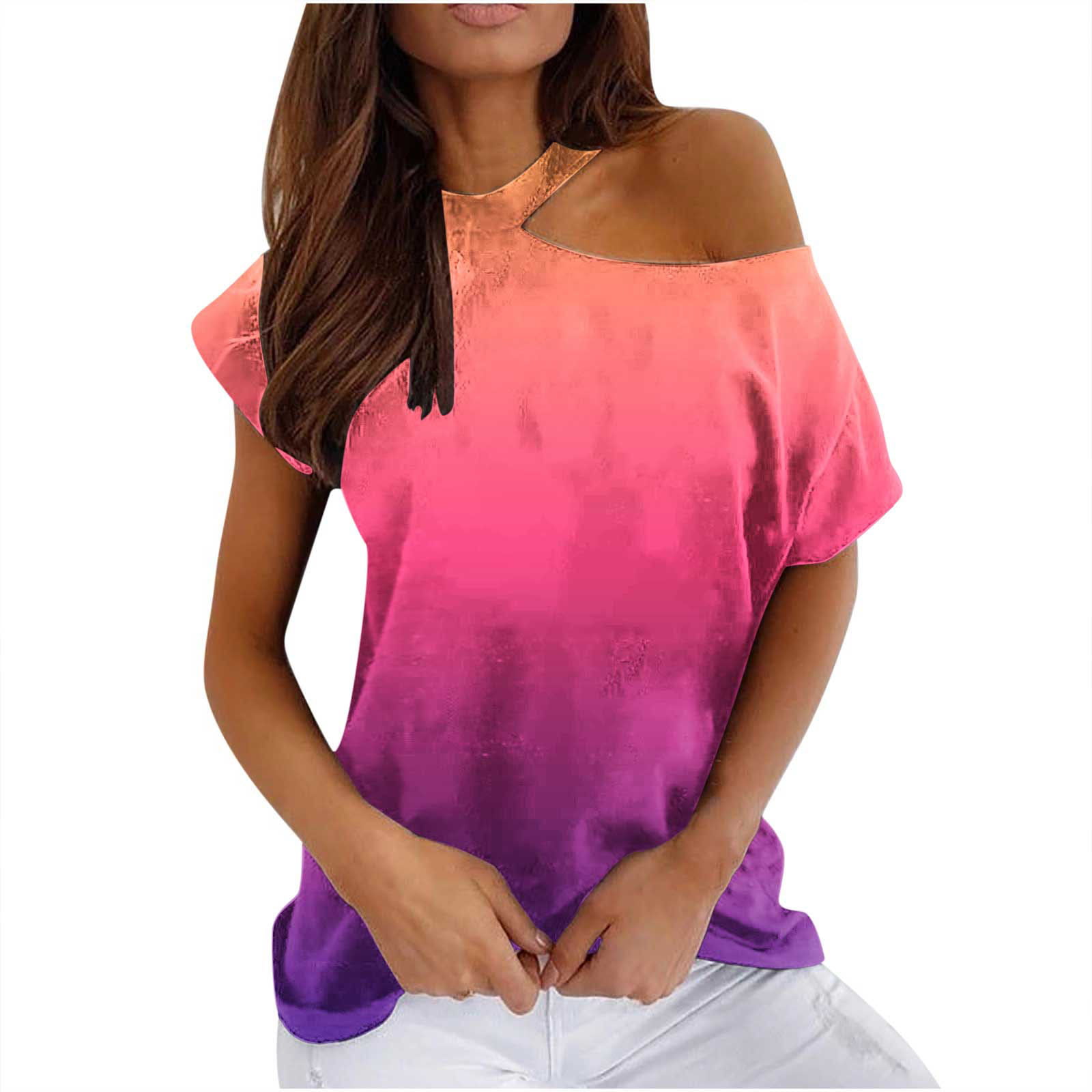 Women Casual Gradient Print T Shirt Short Sleeve Shirt Loose,Todays Deals  Clearance Prime,Things for 1 Dollar, 2022 Date, 2022
