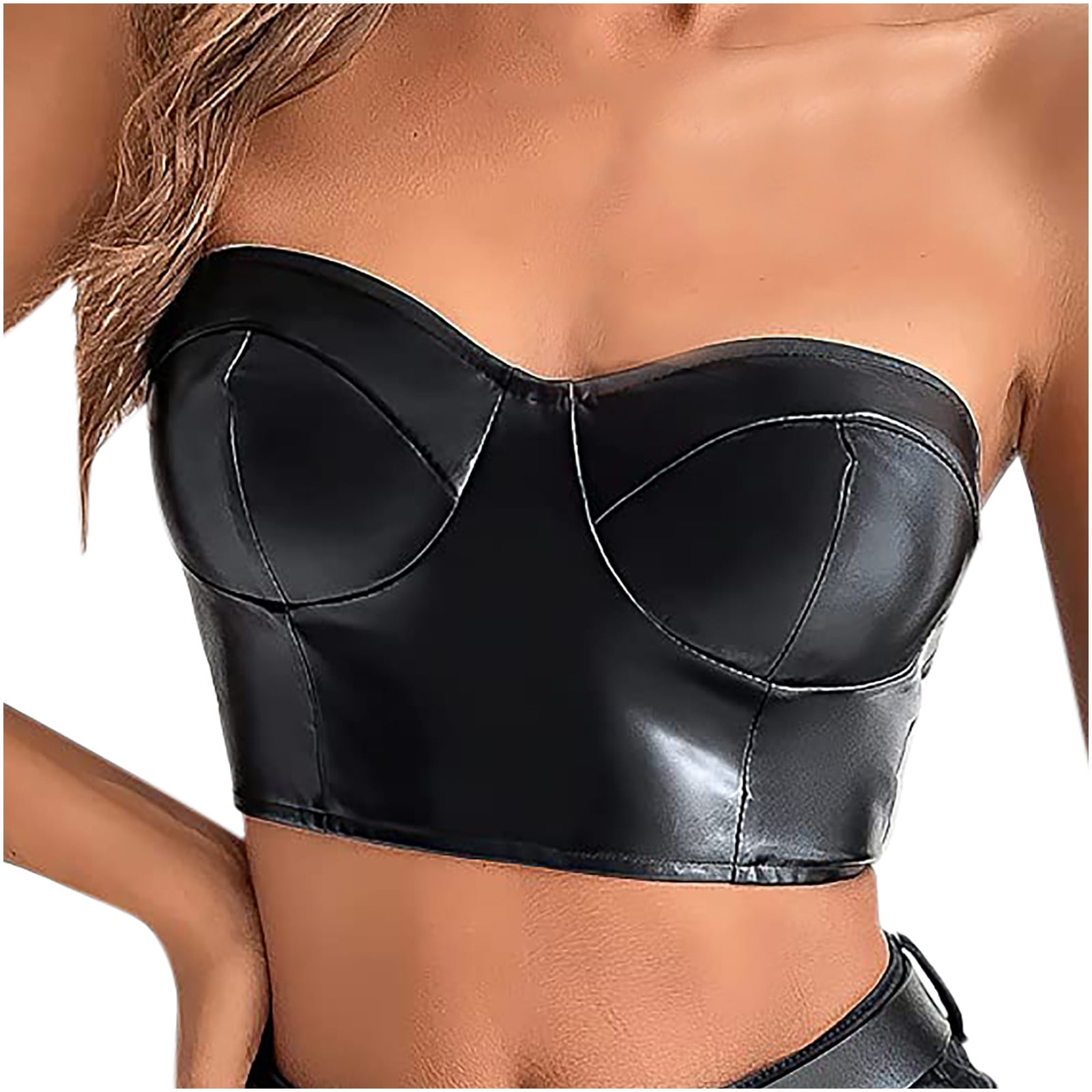 New Trendy Womens 100% Genuine Leather Wrap Bra Top Crop Top In Black