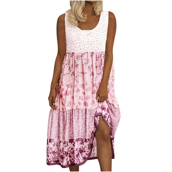 Itsun Dress for Womens,Summer Fashion Casual Round Neck Loose Sleeveless Splicing Dress Pink 14