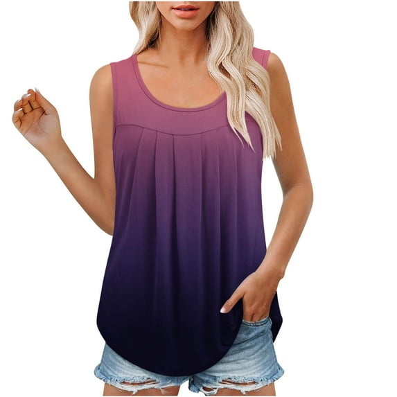 Tunic Tops for Women Loose Fit Casual Vintage Solid Color Pleated Sleeveless Crew Neck Tank Shirts