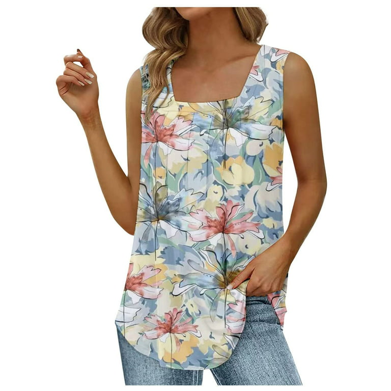 Summer Savings Clearance 2023! Tunic Tops for Women Summer Pleated Vintage  Floral Sleeveless Square Neck Tank Shirts 