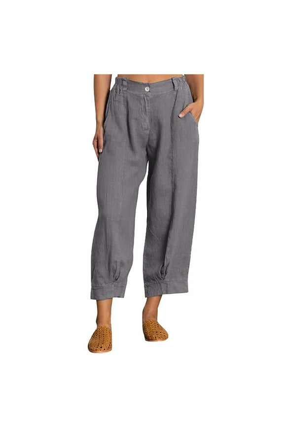 Wide Leg Pants for Women Plus Size High Waist Buttons with Pockets Cotton Linen 7/8 Pant