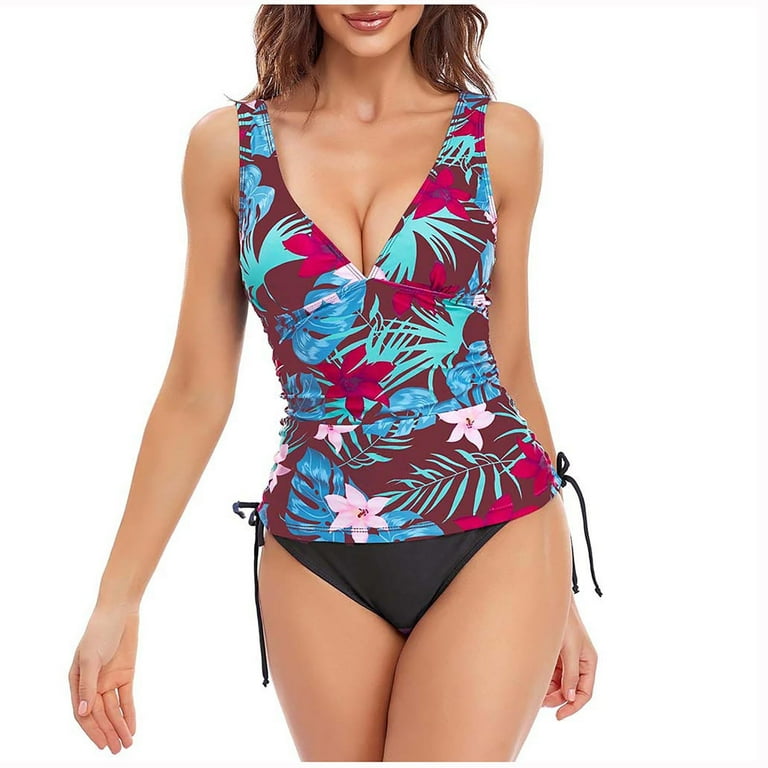 Summer Savings Clearance 2023 Women s Cute Floral Print Swimsuits V Neck Tummy Control Tankini Set