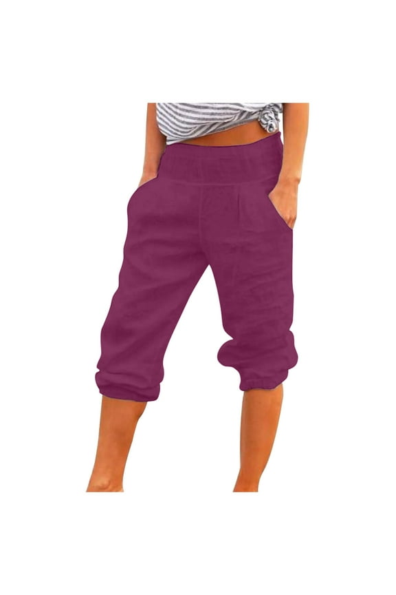 Womens Cotton Linen Capris Elastic High Waisted Plus Size Solid Color Cargo Pants Casual Straight Leg Button Pocket Trousers