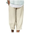 thumbnail image 1 of Womens Cotton Linen Capris Elastic High Waisted Plus Size Solid Color Cargo Pants Casual Straight Leg Button Pocket Trousers, 1 of 4