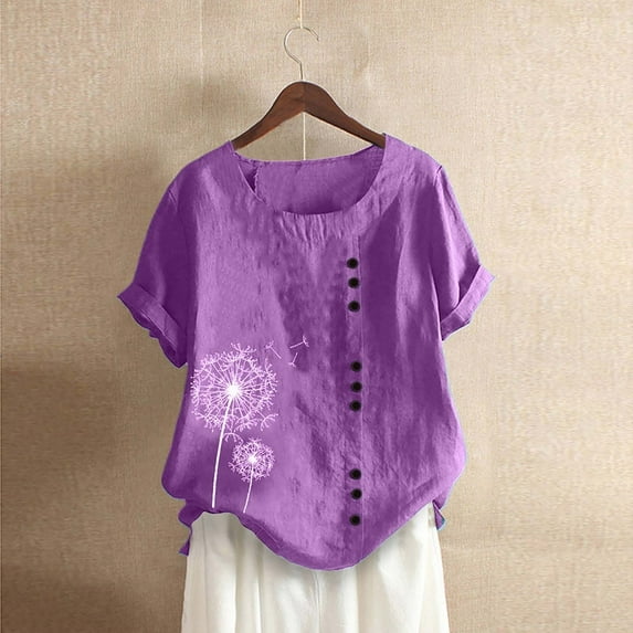 Summer Savings Clearance 2023! loopsun Summer Tops for Womens,Women Casual Print Short Sleeve O-Neck Plus Size T-Shirt Top Blouse Purple XXXL