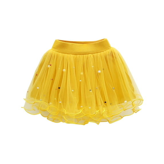 Summer Savings Clearance 2023! loopsun Toddler Girls Cute Party Dance Costume Splice Solid Color Net Yarn Crimping Pearl Sequins Tulle Skirt Yellow 7 Years