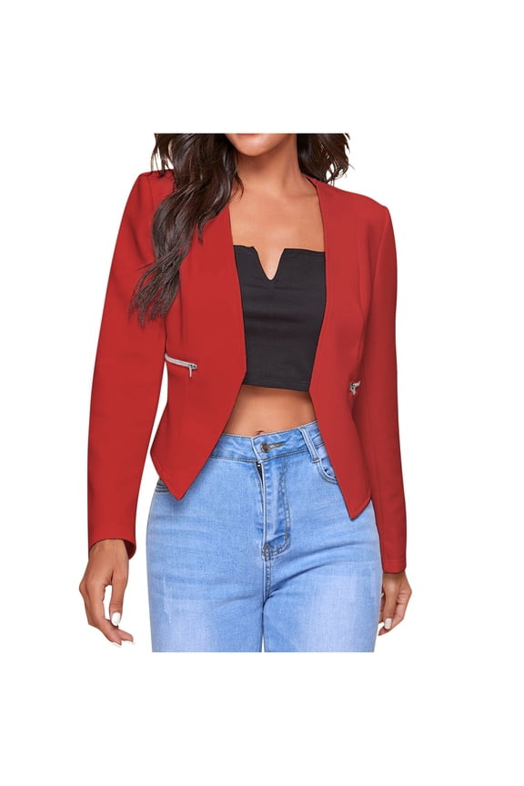 Blazers for Women Business Casual Plain Color Long Sleeve Jacket Open Front Fall Cardigan with Zipper Pockets
