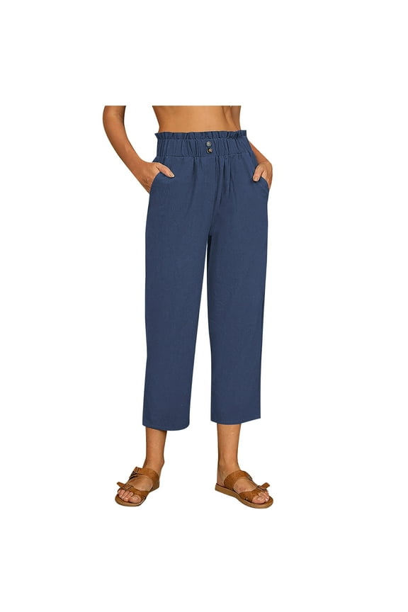 Capri Pants for Women Stretch Plus Size Cotton Linen Dressy High Waisted with Pockets Summer Casual Pants
