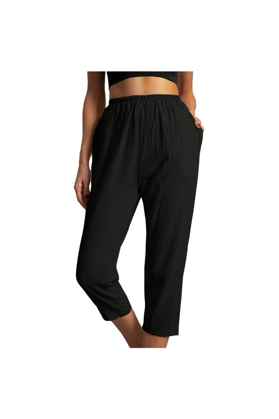 Capri Pants for Women Trendy 2023 Plus Size Cotton Linen Casual Solid High Waisted Straight Leg Baggy Pants