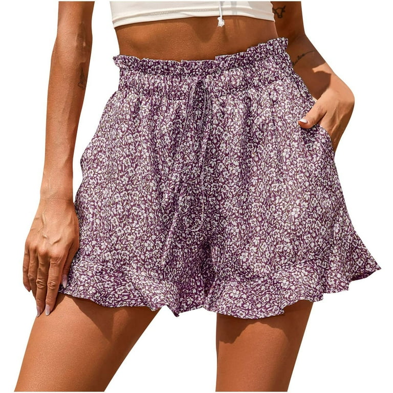Women Shorts 2023 Summer High Waist Elastic Pockets Ruffles