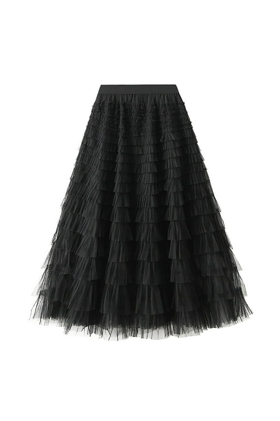 Mesh Skirt for Women Solid Layerd Ruffles Tulle Skirts A-Line High Waisted Fairy Midi Prom Party Skirt