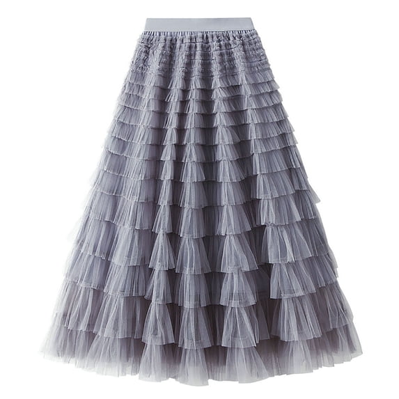 pbnbp Mesh Skirt for Women Solid Layerd Ruffles Tulle Skirts A-Line High Waisted Fairy Midi Prom Party Skirt
