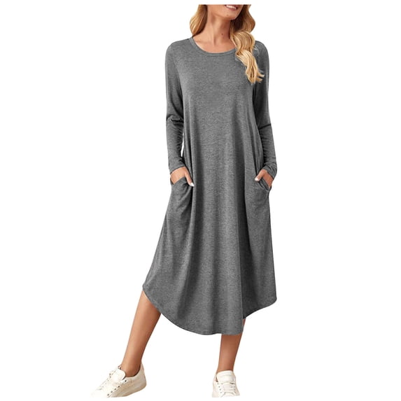 pbnbp Plus Size Dresses for Women Casual Loose Fit Plain Color Crewneck Long Sleeve Fall Midi Dress with Pockets