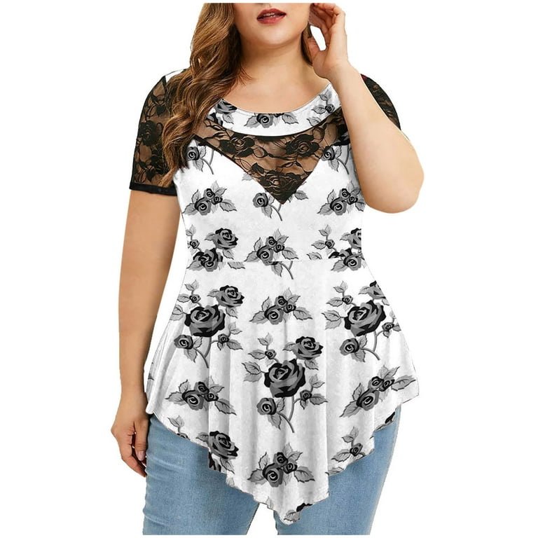 Summer Savings Clearance 2023! pbnbp Plus Size Tops for Women Summer Casual  Floral Lace Patchwork Crewneck Dressy Blouses High-low Hem Short Sleeve