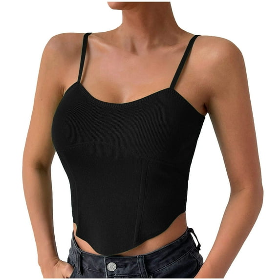 pbnbp Ribbed Tank Tops for Women Solid Spaghetti Strap Crew Neck Sleeveless Irregular Hem Corset Tops Casual Cropped Bustier