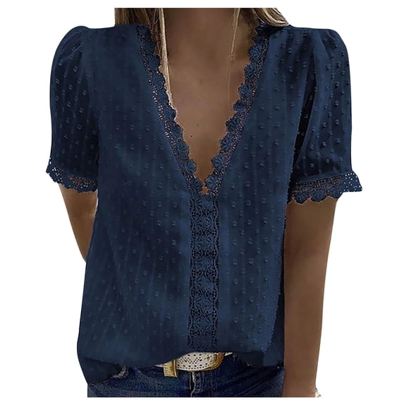 pbnbp Summer Tops for Women 2023 Casual Hollow Lace Patchwork Short Sleeve Dressy Blouses Plain Color V Neck Chiffon Shirts