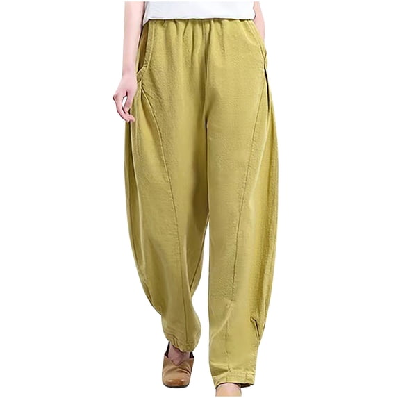 pbnbp Women's Plus Size Cotton Linen Solid Pockets Drawstring Capri Pants, Capris for Women